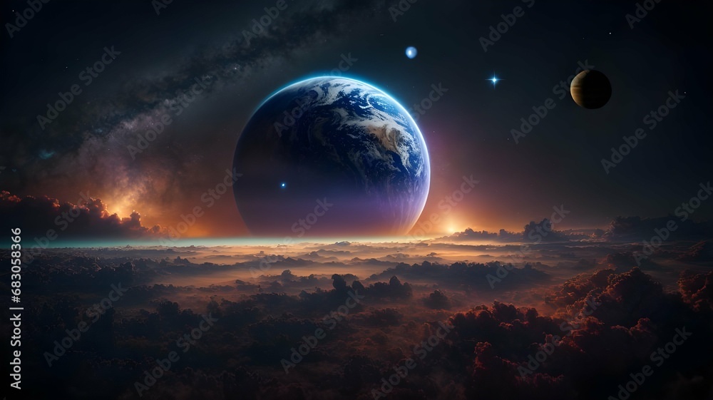 Fictional landscape of space with catchy colors of planets and stars. AI Generated