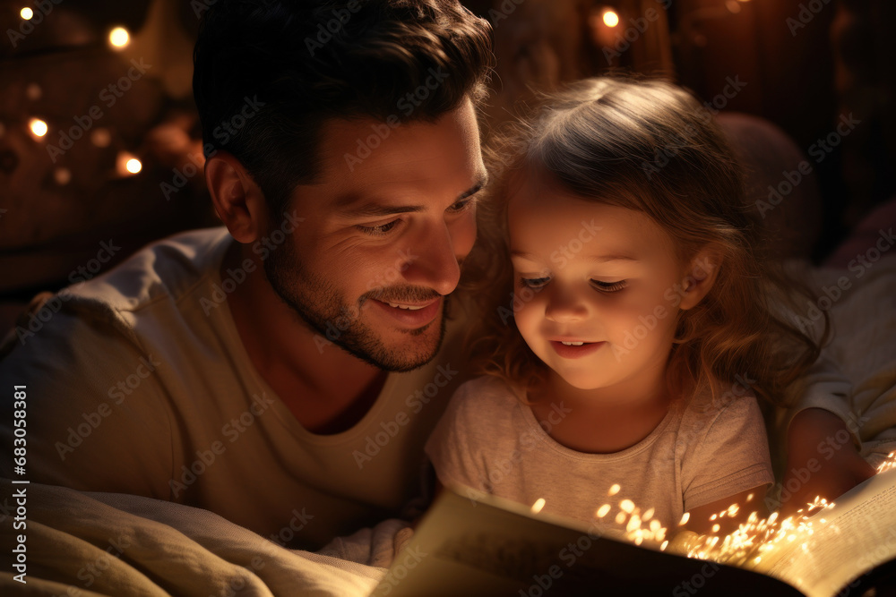 A parent reading a bedtime story to their child with enchanting expressions. Concept of bonding and bedtime routines. Generative Ai. A parent reading a bedtime story to their child with enchanting expressions. Concept of bonding and bedtime routines. Generative Ai.