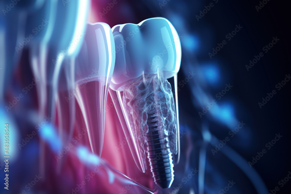 An X-ray image displaying a dental implant anchored in the jawbone. Concept of dental implant placement and oral health. Generative Ai. - obrazy, fototapety, plakaty 