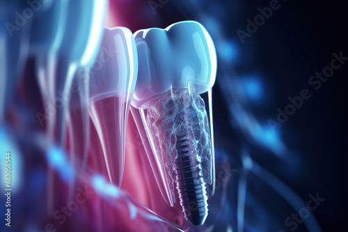 An X-ray image displaying a dental implant anchored in the jawbone. Concept of dental implant placement and oral health. Generative Ai.