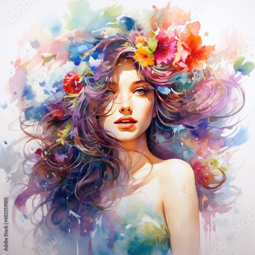 Vibrant Portrait of a Young Woman with Creative Face Painting in Colorful Blossom Studio.