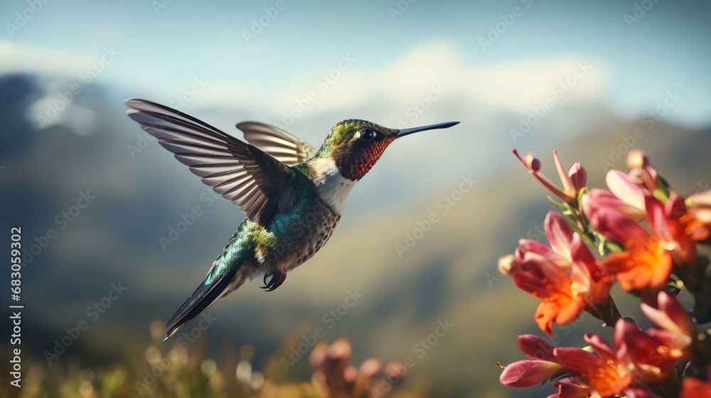 Fototapeta premium Hummingbird Feeding on Alpine Flowers with Mountain Vista
