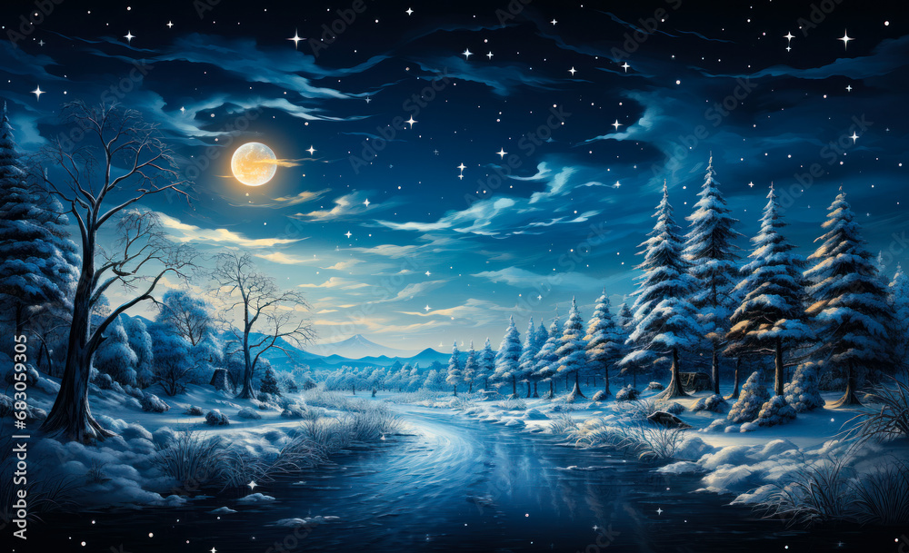 Christmas trees on a snowy horizon. A painting of a snowy night with a full moon Christmas trees on a snowy horizon. A painting of a snowy night with a full moon