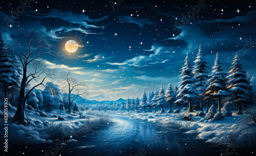 Christmas trees on a snowy horizon. A painting of a snowy night with a full moon © Vadim