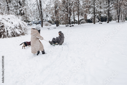 Young couple with dog having fun sledging down pulling sled sleigh in winter snowy season in city park covered hill  holiday vacation weekend  enjoying spending time together