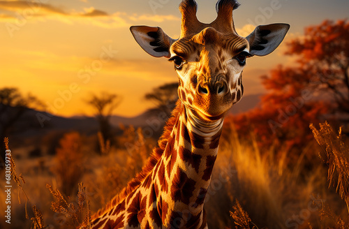Giraffe standing on a grassy field. A giraffe standing in the middle of a field © Vadim