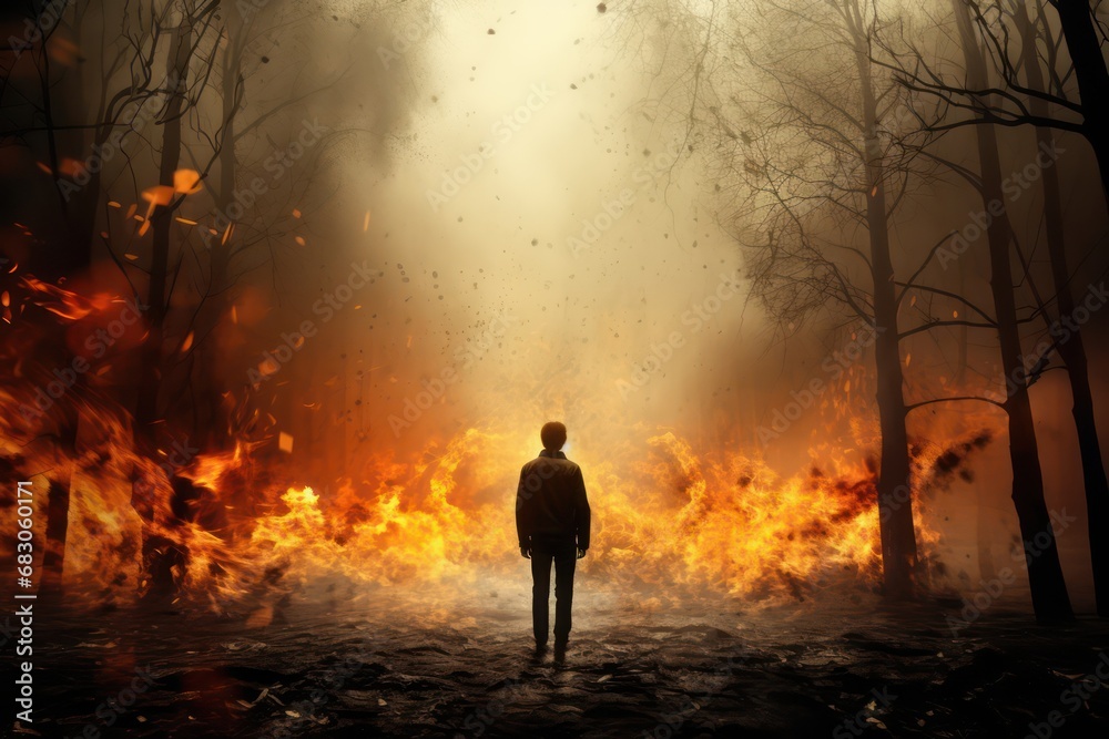 Man looks at forest fire and burning trees. Generative AI
