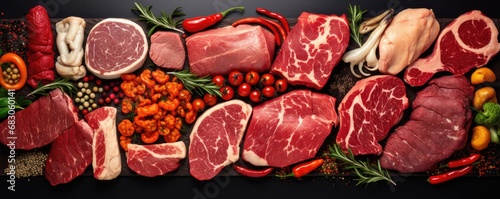 Food collage of various beef steak raw fresh meat. Generative ai photo