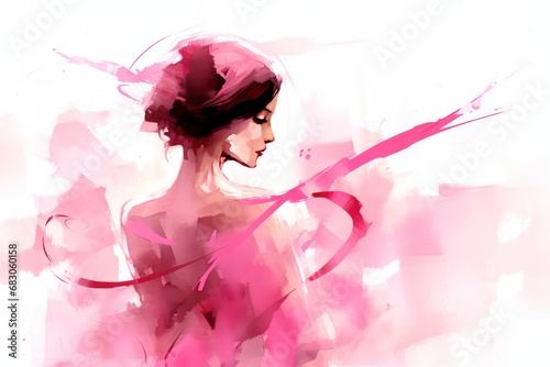 Watercolor drawing of woman, pink ribbon international cancer day. Generative AI