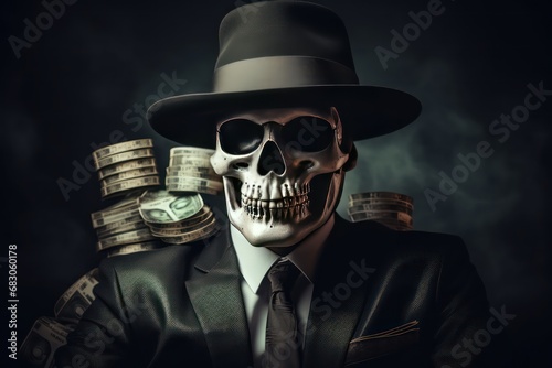 Skeleton gangster in black suit and hat on background of money. Generative AI photo