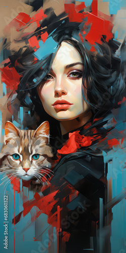  dama z czrnym kotem na rękach i czerwonymi ustami i czarnymilokami w formie obrazu, 