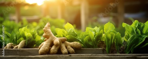 Ginger on the wooden table in green garden. Fresh Vegetable. Generative ai photo