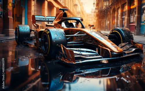 A city street with a racing car. A racing car is shown on a wet street © Vadim