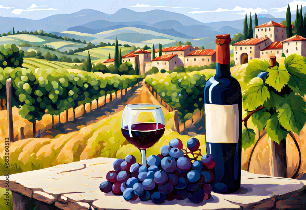 Naklejka premium Illustration of red wine bottle, two glasses of wine, and a bunches of grapes on a table. Hills and vineyard background. Production at winery.. Mockup, banner, background.
