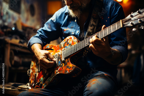 A person playing a guitar close up. A man with a beard playing a guitar