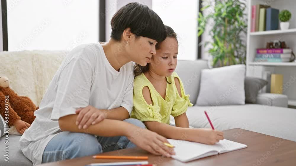 Relishing mother-daughter bond, sitting together at home, drawing intimate expressions on notebook in the quietude of their living room Relishing mother-daughter bond, sitting together at home, drawing intimate expressions on notebook in the quietude of their living room