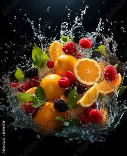 The splashes of fruits into one another. A bunch of fruit is splashing into the water