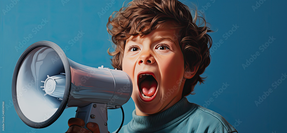 dziecko krzyczące do megafonu na niebieskim tle - obrazy, fototapety, plakaty 