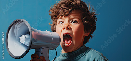 dziecko krzyczące do megafonu na niebieskim tle photo