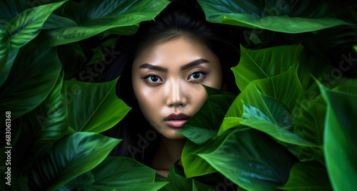 Asian woman model posing in green jungle leaves. Generative AI