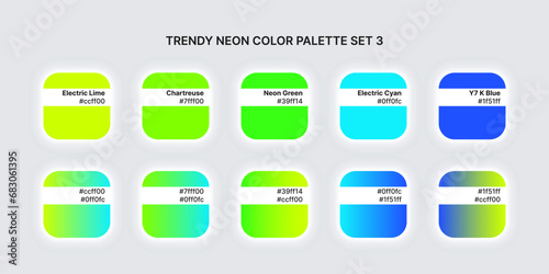 Fashion bright neon color trend pallete. Colour palette with different shades and gradient. Neomorphism square on grey background. Paint palette mock up. Vector illustration