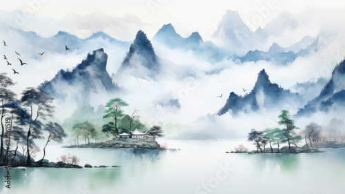 Traditional oriental watercolor painting, japanese and chinese style. Ink landscape painting. Lake and mountain landscape in Chinese style.