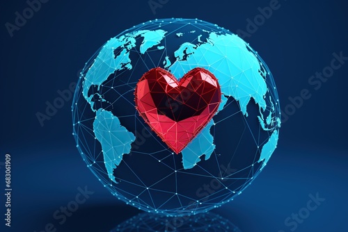 globe with a big red heart, banner, digital connections between people around the world, valentine's day advertisement