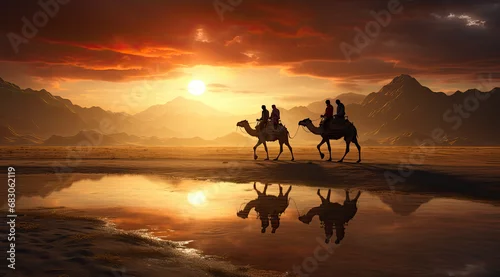 Fototapeta wędrujące wielbłądy przez pustynie zalaną po powodzi