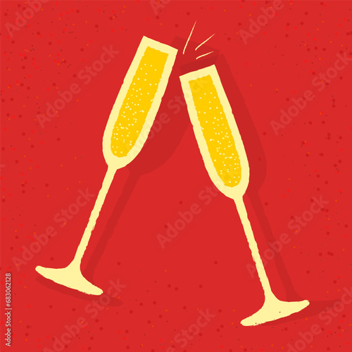 Poster with glasses of champagne clinking. Vector flat illustration with texture. Celebrating the event. Sparkling wine in a glass with a stem. Mimosa