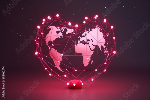 heart shaped world banner, digital connections between people around the world, technology and communications advertisement, valentine's day theme