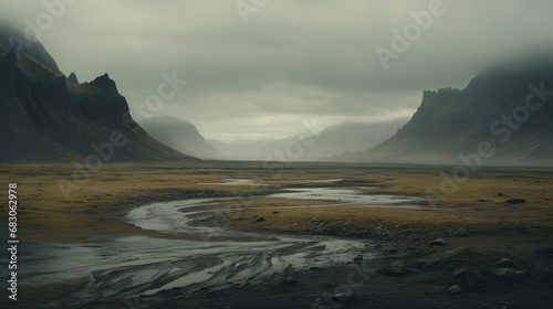 Generative AI, Iceland beautiful foggy wild landscape with mountains, aesthetic muted colors, 