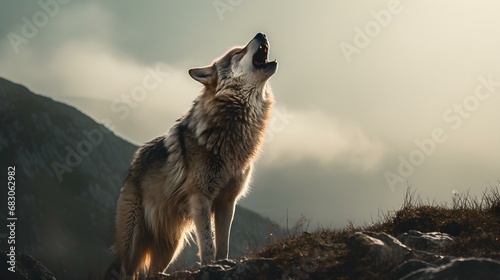 Lone Wolf Howling on a Misty Mountain