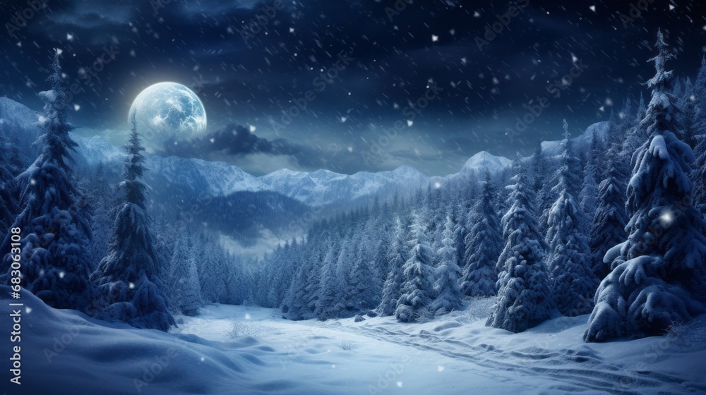 Fototapeta premium Fantasy fir forest in the night under a snowcover