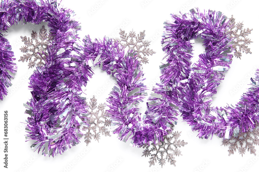 Composition with beautiful Christmas tinsel and snowflakes on white background, closeup