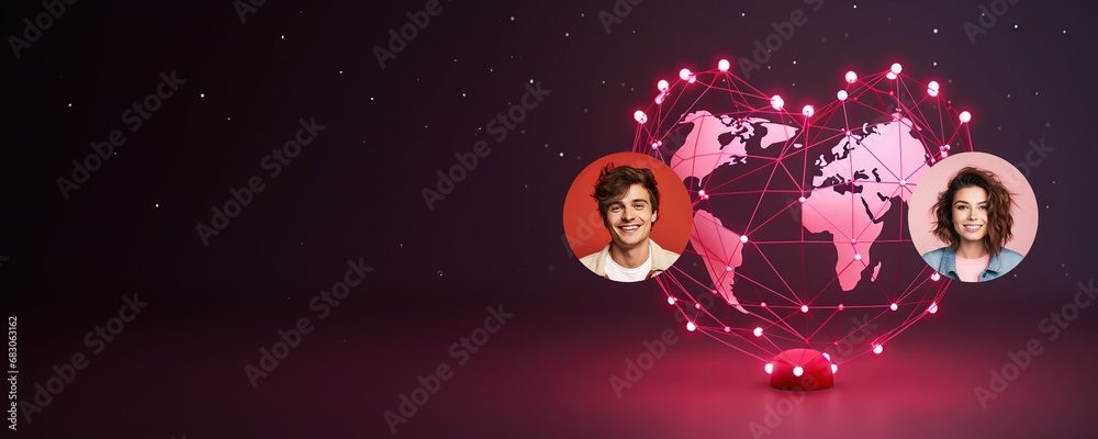 man and woman on heart shaped world, dating advertisement, valentine's day banner, connected world concept