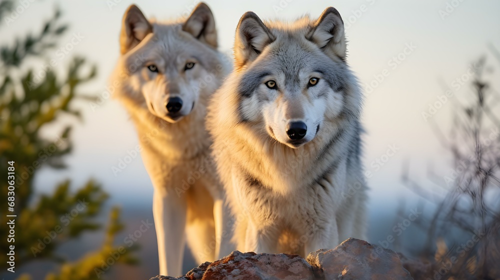 Obraz premium Wolf Pair surveying Territory at Dawn