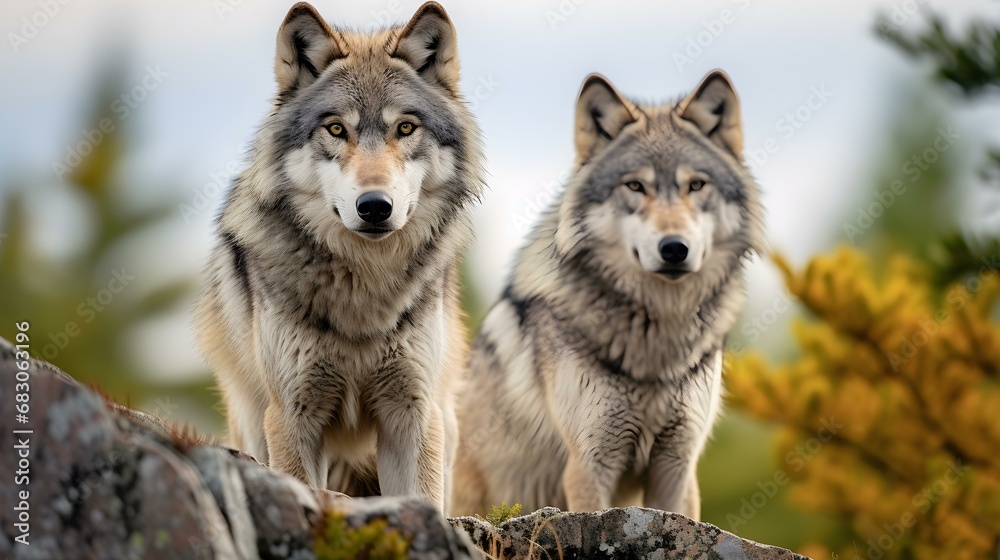 Obraz premium Wolf Pair surveying Territory at Dawn