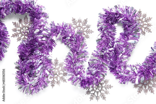 Composition with beautiful Christmas tinsel and snowflakes on white background  closeup