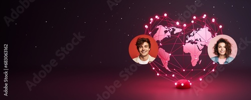 man and woman on heart shaped world, dating advertisement, valentine's day banner, connected world concept