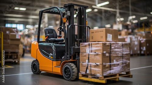 Efficiency on the Move: Forklift Transporting a Securely Strapped Load in an Industrial Setting
