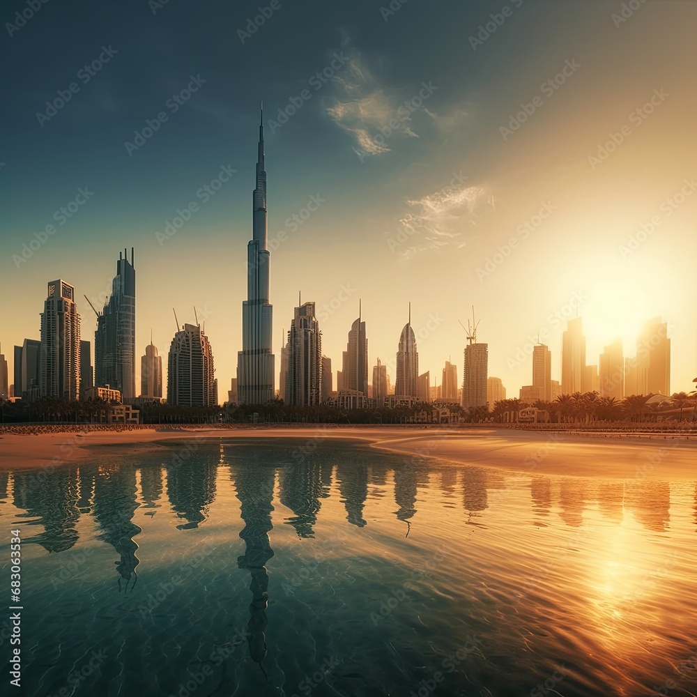 Cityscape at Sunset with Urban Skyline and Water Reflection