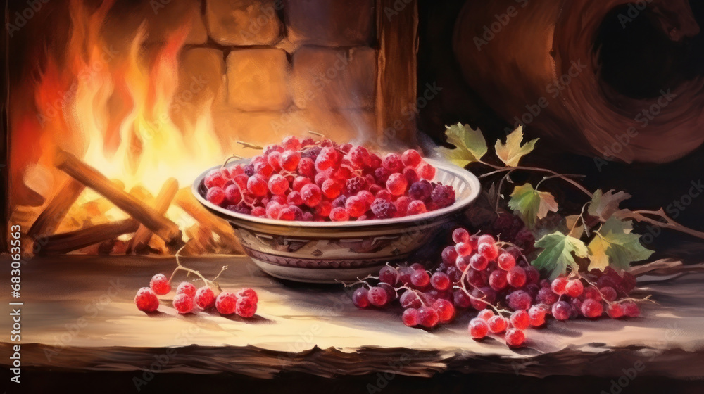 Northern berries in a plate on the background of the fireplace illustration watercolor
