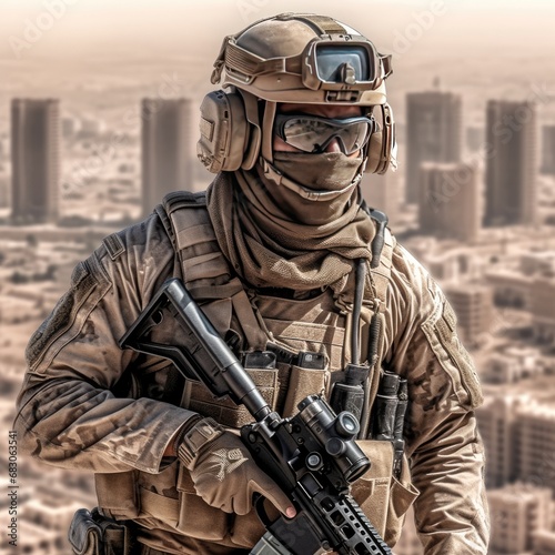 City Soldier in Urban Landscape with Military Uniform and Weapon