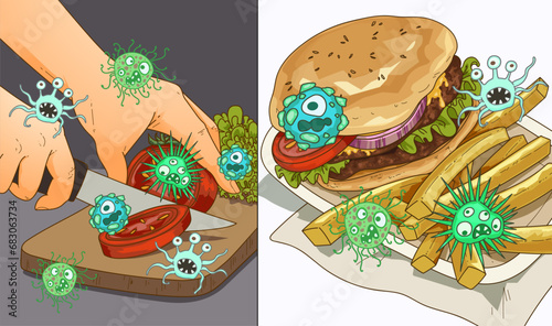 Maintain personal hygiene. Wash your hands before eating. Wash your hands before preparing food. Viruses and bacteria on hands. Unsanitary. Vector illustration. Healthcare illustration.