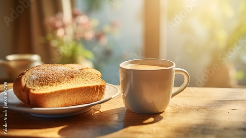 A plate of bread and a cup of coffee on a table. Generative AI. photo