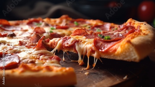 A close up of a pizza with cheese and pepperoni. Generative AI. photo
