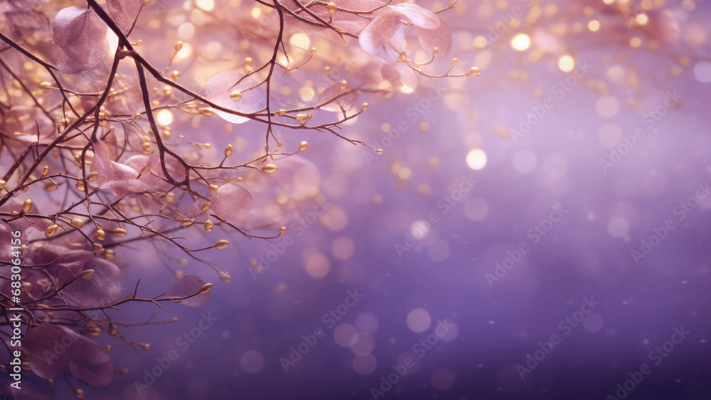 Christmas in forest Golden light shine and purple background