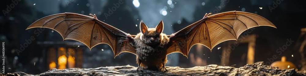 Obraz premium Graceful Brown Bat Spreading Its Wings in Dark Setting