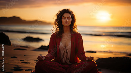 Horizontal illustration with a young woman meditating on the beach at the sunset. For covers, backgrounds, banners and other projects about yoga, meditation and a healthy lifestyle.