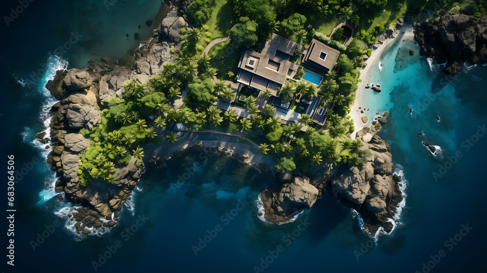 Vista aerea de una isla con una casa de lujo